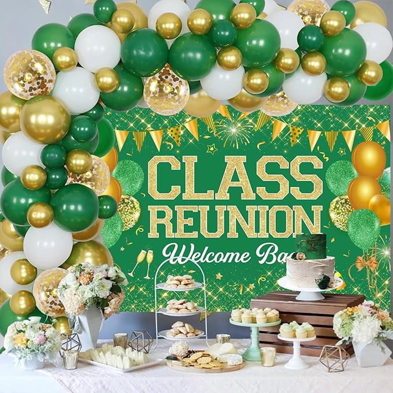 Class Reunion Party Decorations Green and Gold - Balloon Garland Arch Kit with Welcome Back Class Reunion Backdrop, High School Reunion Party Photography Background Supplies