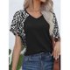 thumbnail image 4 of Camiseta de mujer con estampado de leopardo, camiseta de manga corta con cuello en V, camiseta informal para uso en interiores y exteriores, negro S, 4 of 8