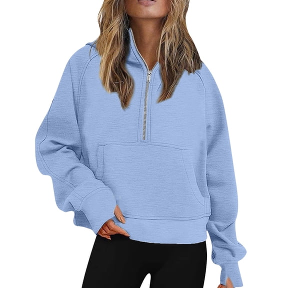 Arlun Half Zipper Hoodies for Women Cute Trendy Relaxed Fit Long Sleeve Solid Color Pullover Sweatshirts Casual Loose Comfortable Crop Tops with Pocket Thumb Hole Blue XL