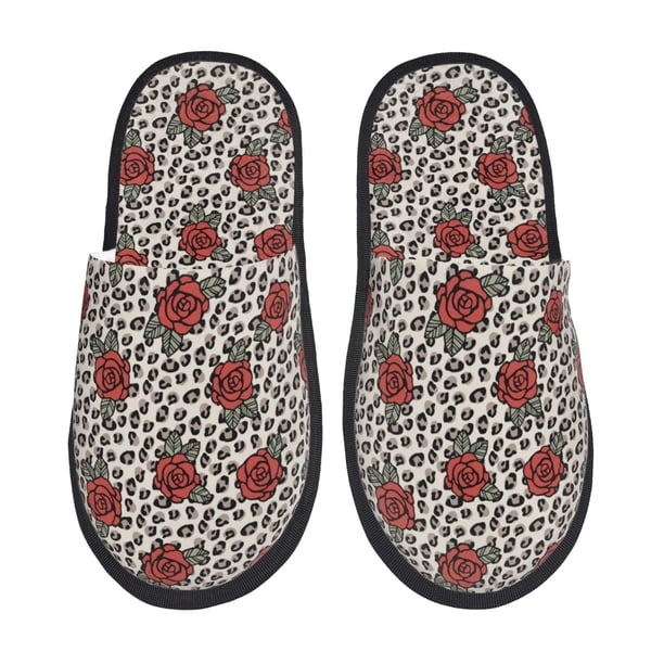 Fotbe Leopard Print Rose Pantuflas Peludas para Mujer con Estampado, Zapatillas de Peluche, Zapatos de Invierno para Casa, Uso Interior y Exterior-Medium