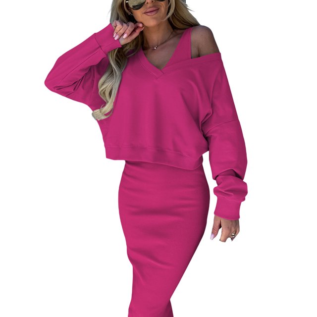 Mialoley Tenue d'Automne 2 Pcs pour Femmes, Robe Moulante Sans Manches à Col en V avec Sweat à Manches Longues Tenue d'Automne