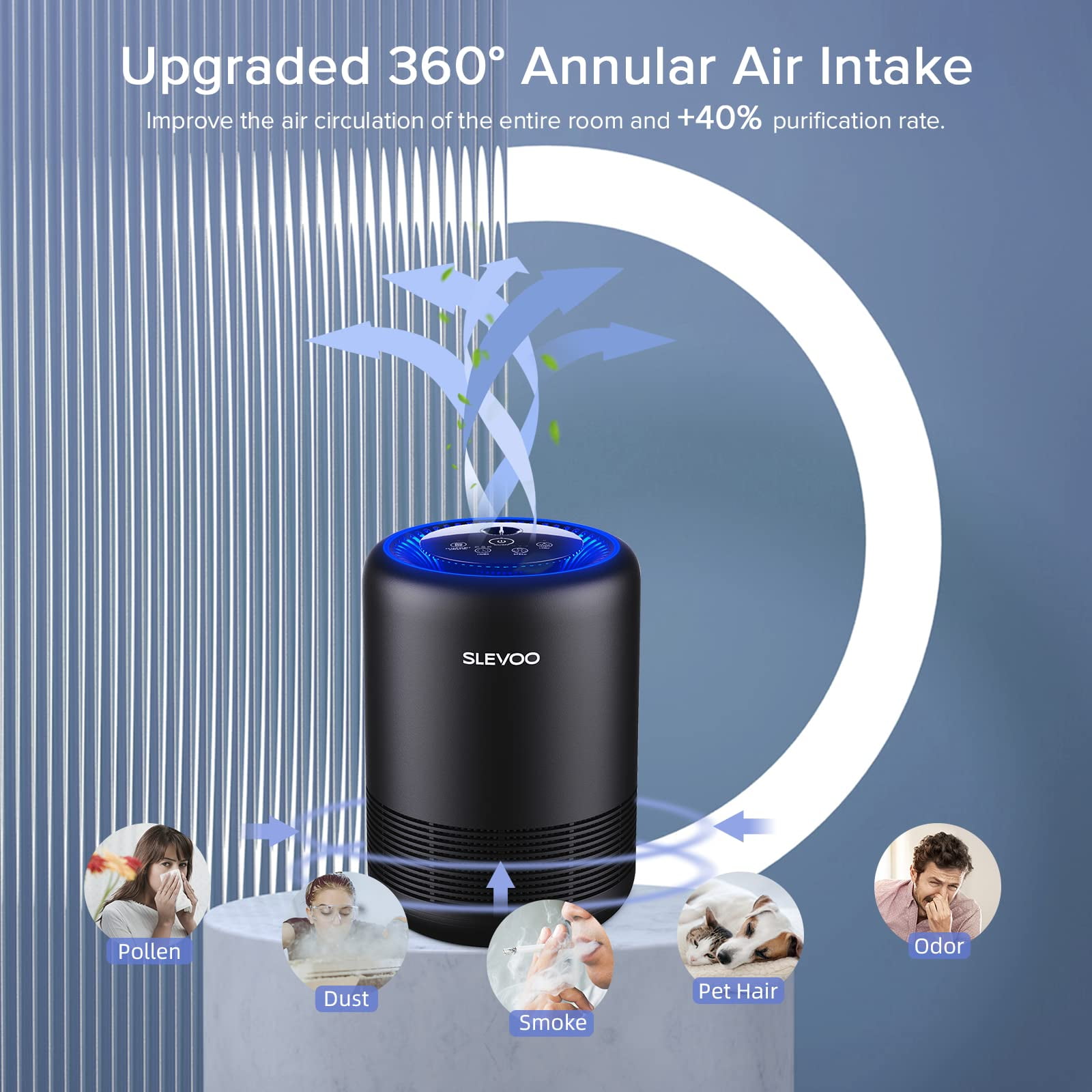 Slevoo Air Purifiers for Bedroom Pets Smokers in Home, 450 ft² H13 True HEPA Filter Air Cleaner, Effectively Clean 99.97% Smoke, Dust, Pollen, Pet Dander, Black
