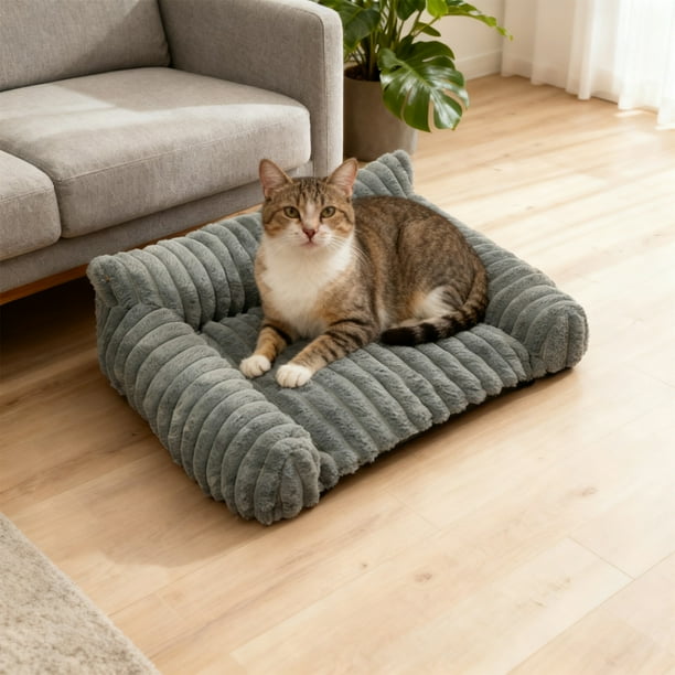 Cama para perros y gatos con forro de piel de conejo | Cojín suave y acogedor para sofá para mascotas para todo tipo de clima | Calidez invernal | Material transpirable | 50 x 30 x 20 cm | Gris,