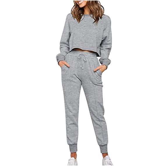 Usmixi Womens 2 Piece Outfits Womens Elastic Waist Drawstring Jogger Pant Lounge Set Long Sleeve Pullover Tops 2 Piece Outfits Set Casual Solid Sports Sweatsuits Set with Pocket Fall Saving