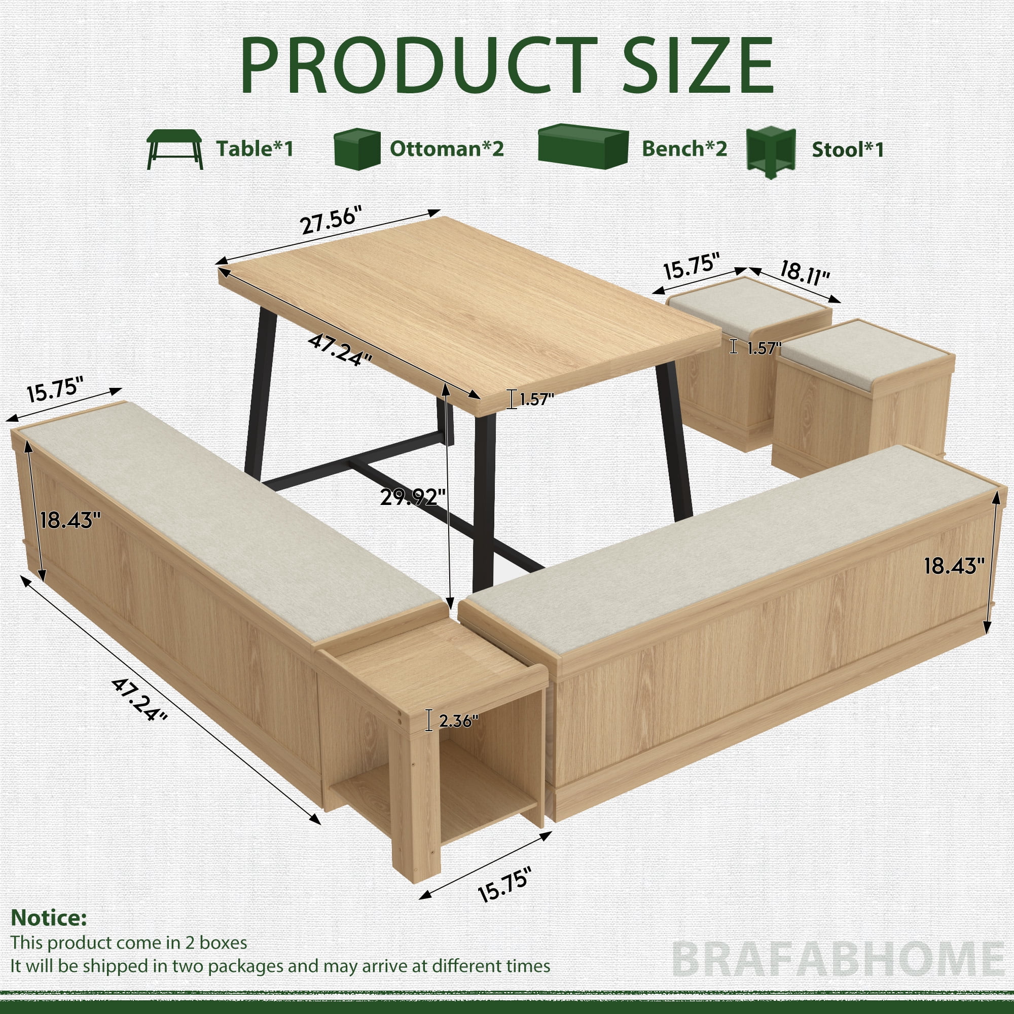 Brafabhome 6 PCS Dining Table Set with Storage Bench, Modern Corner Breakfast Nook with Cushions Stool for 6, Suitable for Kitchen and Dining Room | Nature
