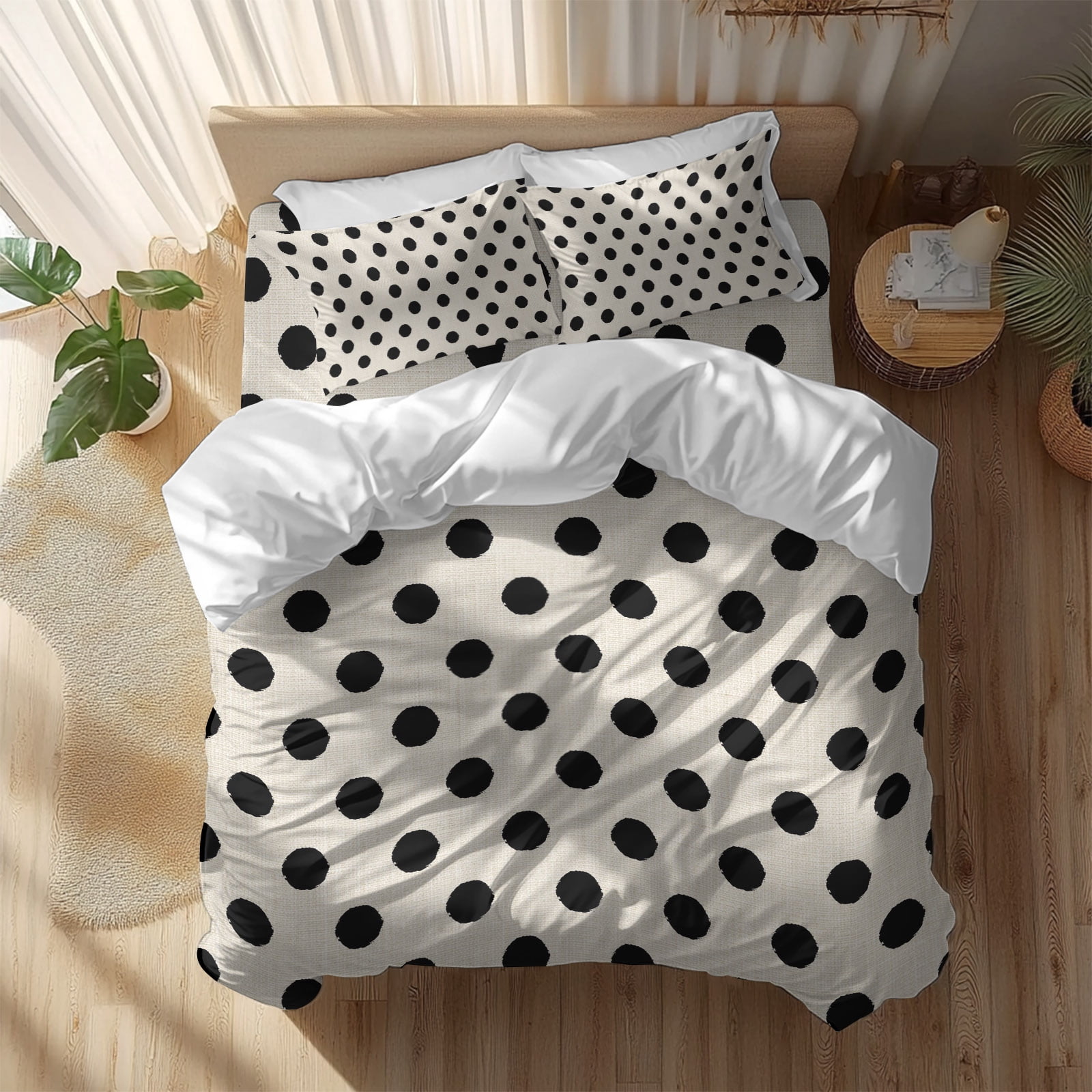 Black White Polka Dots California King Duvet Cover Set, Cute Solid Color Linen 4 Piece Microfiber Bedding Set with Zipper Closure, Bed Sheet and 2 Pillow Shams, Soft Bedding Cover