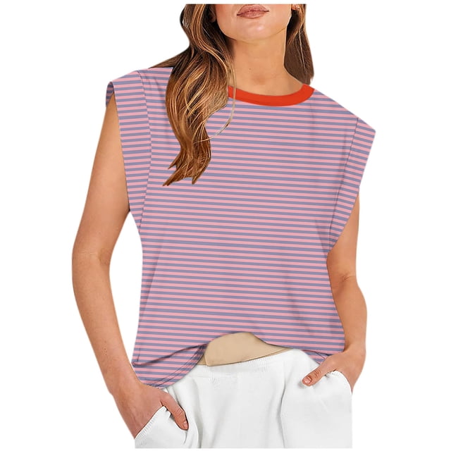 T-shirts d'Été pour Femmes Manches Courtes Mode Rayé Col Rond Débardeurs Décontractés Coupe Ample T-shirts (L, Rose)