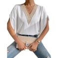 thumbnail image 1 of Tops de manga corta con volantes para mujer de moda Casual Camisa de manga corta con cuello en V profundo de encaje para trabajo diario Compras Blanco Contraste Color L, 1 of 8