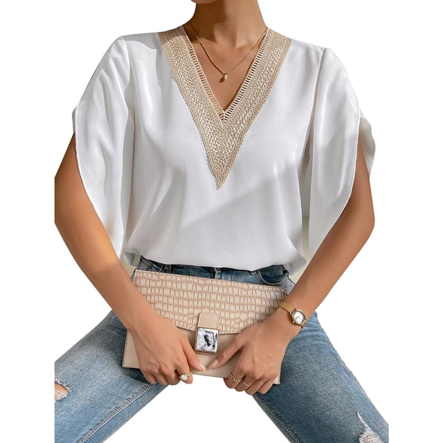Tops de manga corta con volantes para mujer de moda Casual Camisa de manga corta con cuello en V profundo de encaje para trabajo diario Compras Blanco Contraste Color L