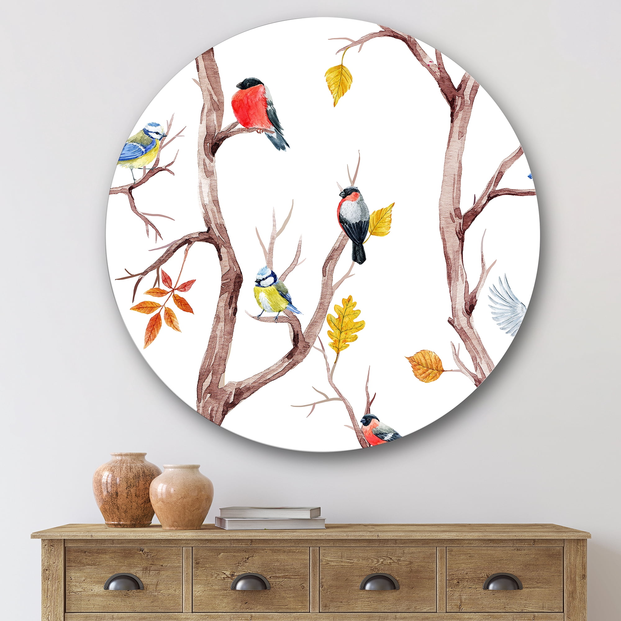 Designart 'Little Birds and Fall Trees' Traditional Circle Metal Wall Art 36x36 - Disc of 36