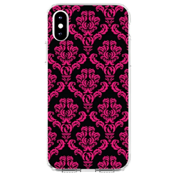 DistinctInk Clear Shockproof Hybrid Case for iPhone XR (6.1" Screen) - TPU Bumper, Acrylic Back, Tempered Glass Screen Protector - Black Hot Pink Damask Pattern - Floral Damask Pattern