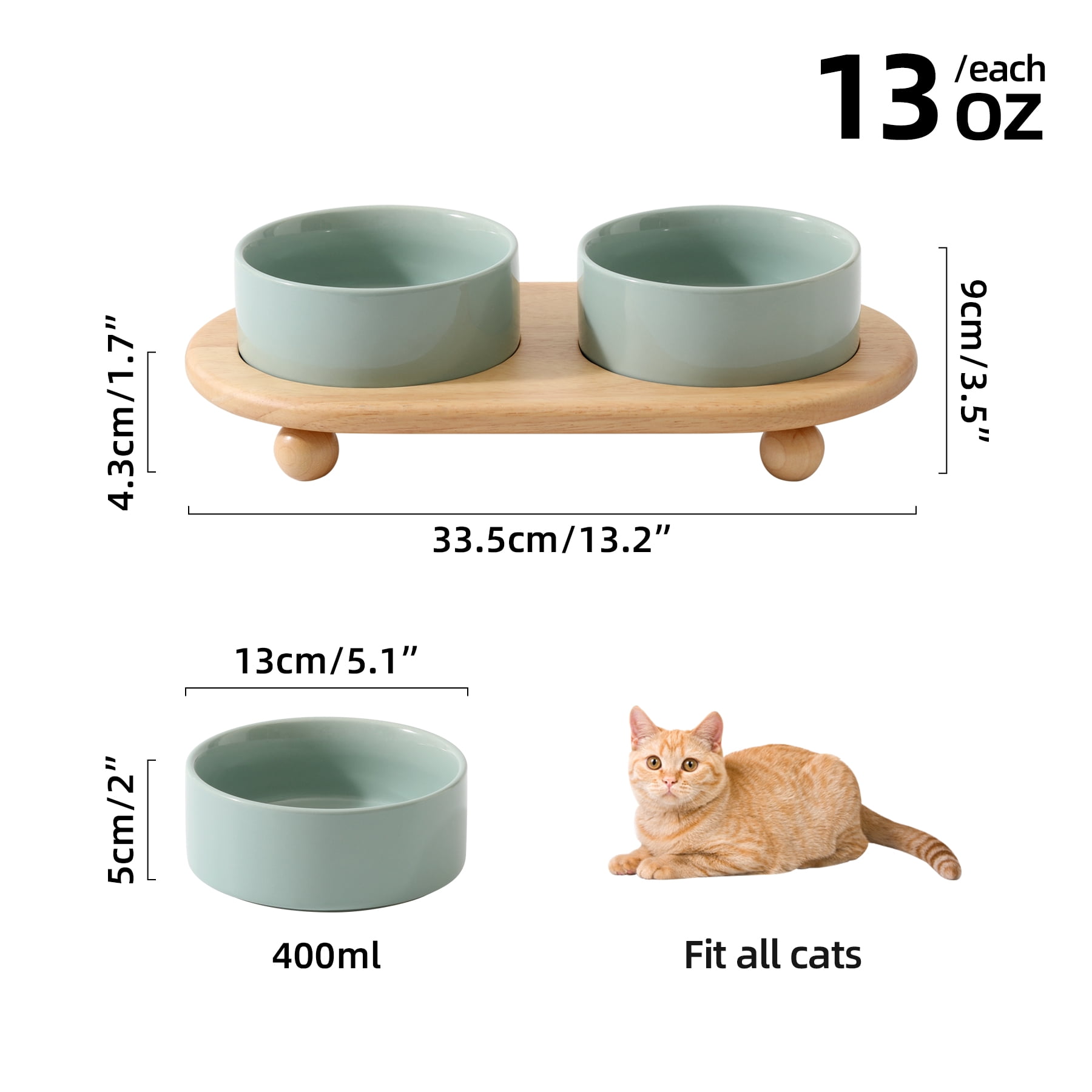 LarqeeWare Ceramic Elevated Cat Food and Water Bowl, Kitty Bowl, Raised Cat Dish, Pet Feeder (5.1 in, 2 x Light Green + Stand)