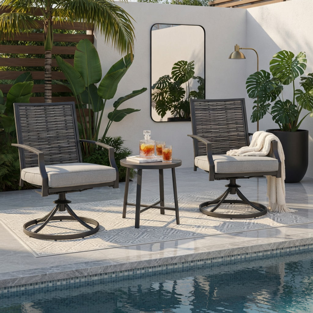 Hommoo 3-Piece Outdoor Swivel Patio Chair Set with Cushions, PE Rattan & Metal Frame, Includes Coffee Table for Backyard, Deck or Garden, Gray