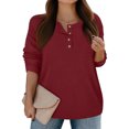thumbnail image 5 of Women’s Button Front Knit Sweater Pullover Round Neck Long Sleeve Solid Color Casual Tops Wine, 5 of 5