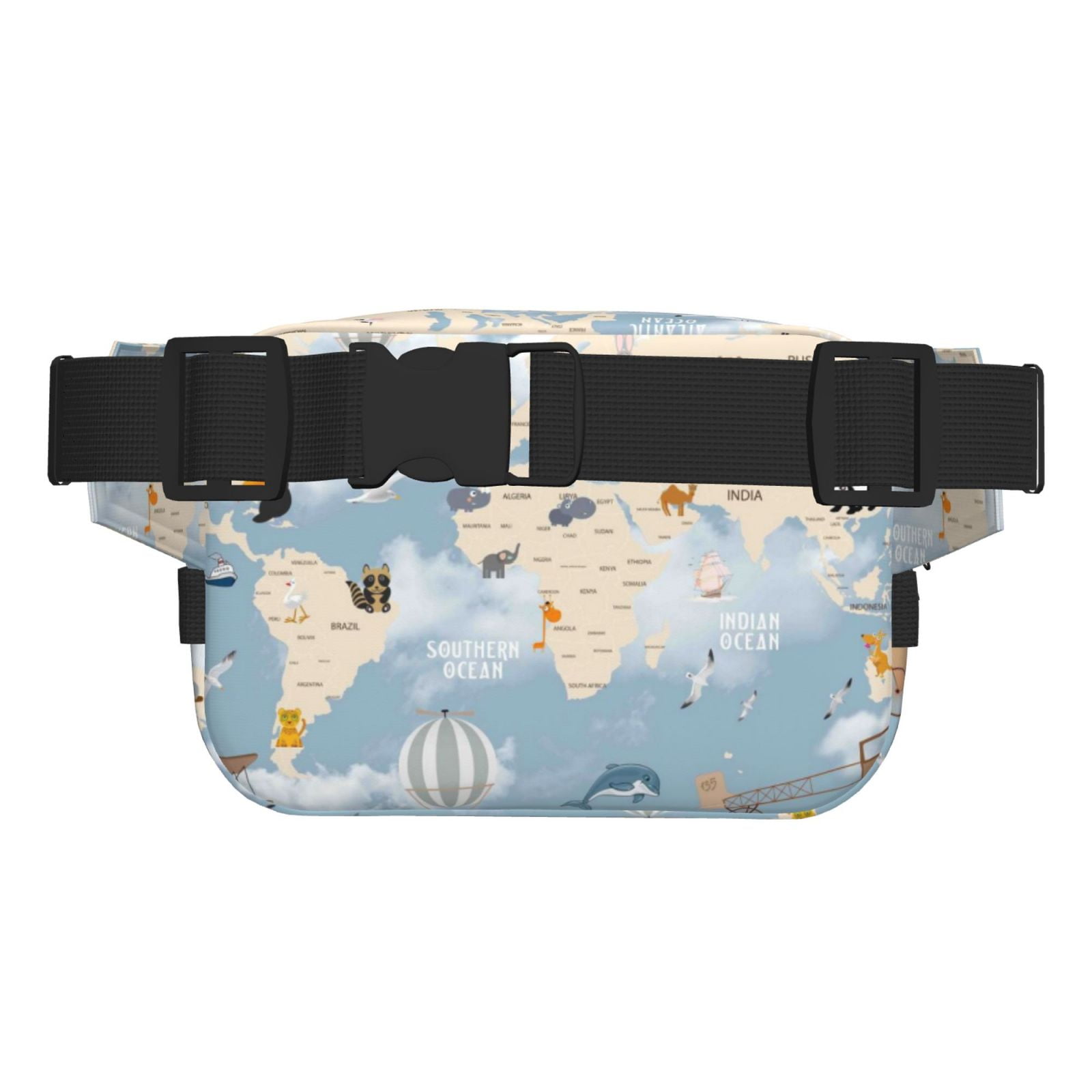 Picia Animals Travel World Map Print Square Double-Layer Waist Bag Mini Adjustable Waist Belt Bag Exercise Running Travel Hiking