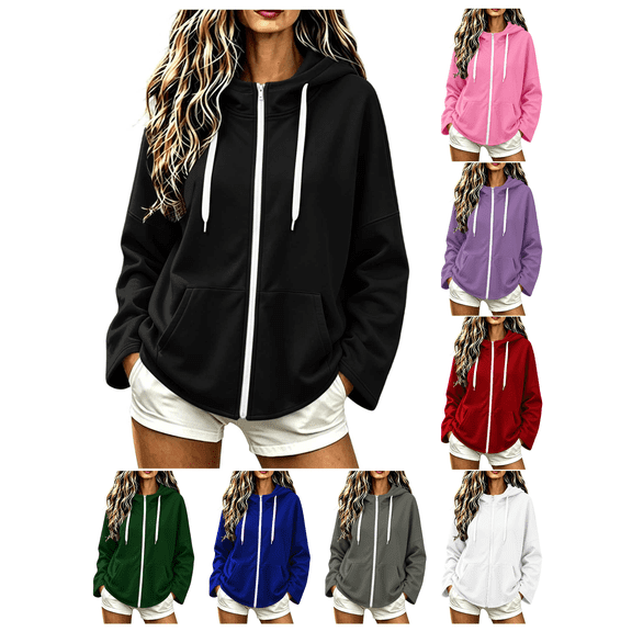 Zynoxe Women's Fall Sweatshirt with Side Pockets Classic Zip Up Hoodie for Women Lightweight Drawstring Hooded Sweatshirt Relaxed Long Sleeve Solid Color Sweatshirt Jacket Black S