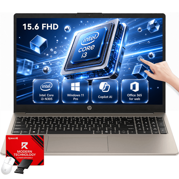 HP 15.6" Full HD Touchscreen Laptop, Intel Core i3-N305, 8GB RAM, 256GB SSD, AI Copilot Button, Wi-Fi 6, Windows 11 Pro, Office 365 for the Web