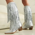 thumbnail image 4 of FRSASU women's thick-heeled western pointed booties tassels & sequins decorated fashionable boots mid heel mid top boots Silver, 4 of 7