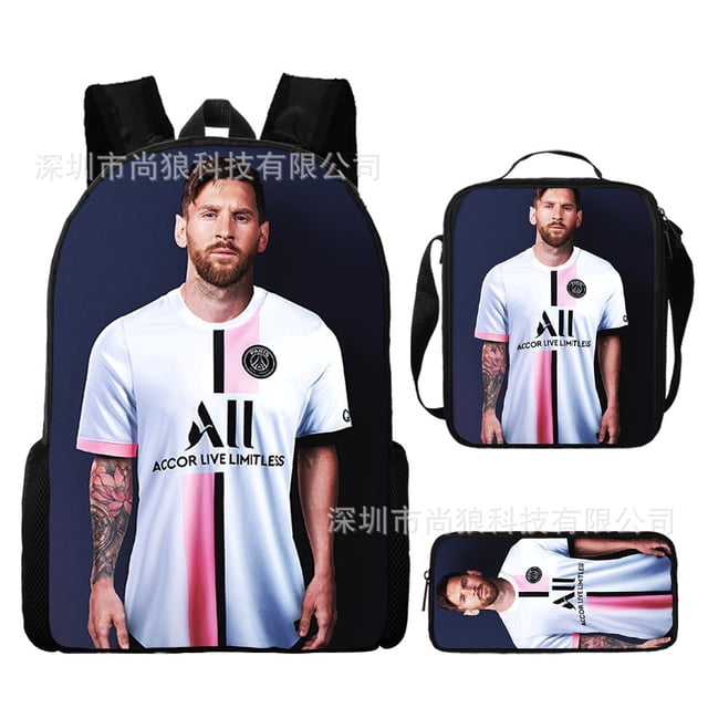 Conjunto de mochila infantil de 3 piezas con diseños de jugadores de fútbol para el colegio.