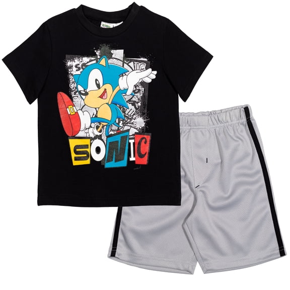 SEGA Sonic the Hedgehog Little Boys' Graphic T-Shirt and Athletic Shorts Set Black and Silver Metallic Sonic Collage