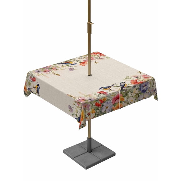 Outdoor Table Cloth with Umbrella Hole and Zipper, Vintage Flowers Waterproof Square Tablecloth 60"x60", Spring Floral Botanical Rustic Pastoral Washable Table Cover for Outside Party Patio Picnic