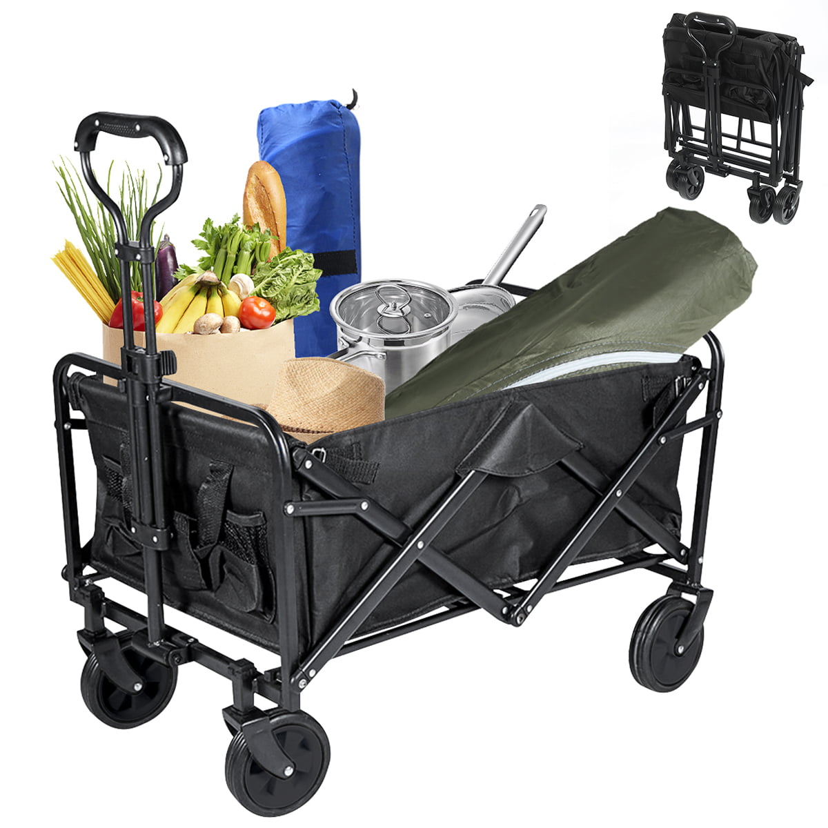 BXL Heavy Duty Collapsible Folding Garden Cart Utility Wagon for Shopping Outdoors Black 