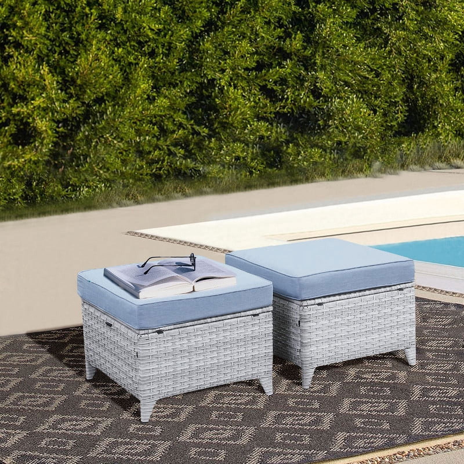 PARKWELL 2PCS Outdoor Wicker Ottoman Patio Rattan Furniture Footrest Seat Square Footstool w/Light Blue Cushion