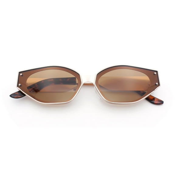 Womens Tapered Thick Temple Subtle Cat Eye Inset Lens Metal Rim Sunglasses Gold - Brown