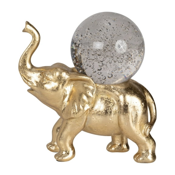 Gold Resin 9" Elephant With Crystal Ball - Enchanting Polyresin Sculpture Decor Piece for Inspired Living Spaces