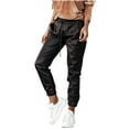 thumbnail image 2 of AOOCHASLIY Women Fall Pants Fashion Women Solid Pockets Drawstring Casual Mid Waist Leather Long Pants, 2 of 5