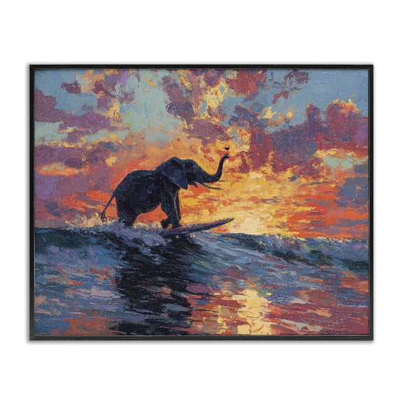Sunset Surf Elephant Black Framed Giclee Art, design by Ziwei Li