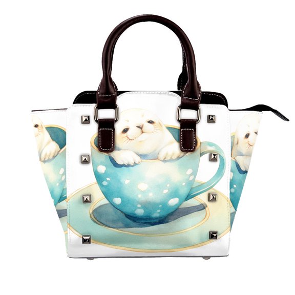 Cute Seal Teacup Rivet Handbag Studded Satchel One-Shoulder Tote Bag for Women