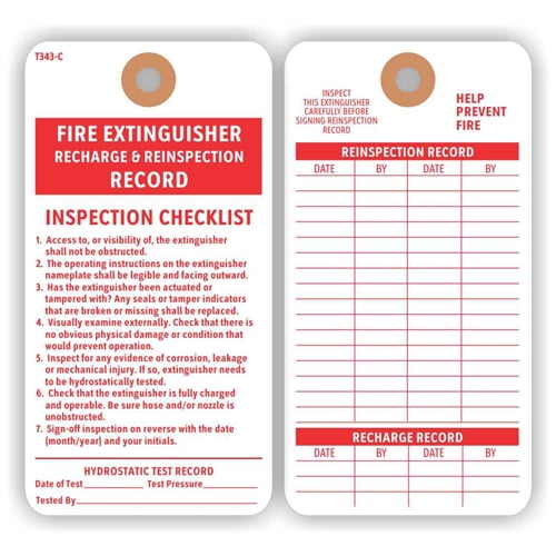 FIRE EXTINGUISHER RECHARGE & REINSPECTION RECORD Tag with Checklist ...