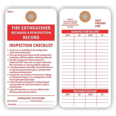FIRE EXTINGUISHER RECHARGE & REINSPECTION RECORD Tag with Checklist, Manila Cardstock, Reinforced Hole, 3