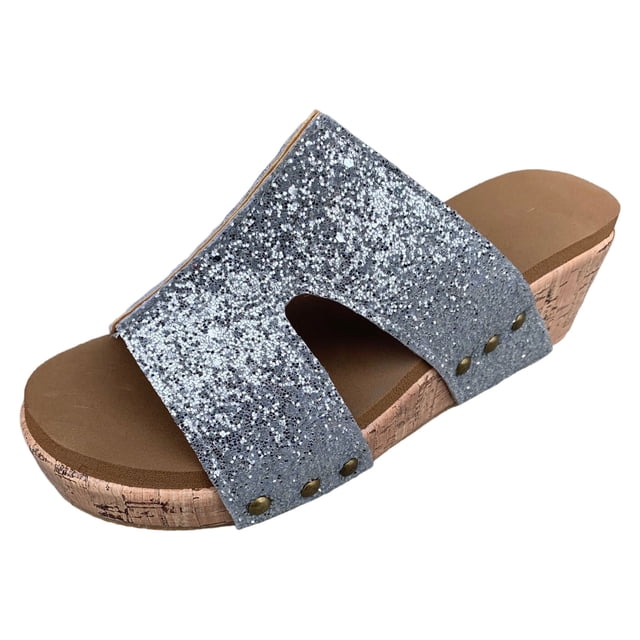 eczipvz Womens Sandals Ladies Fashion Leather Lace Combination Rhinestone Decorative Sleeve Toe Thick Sole Sandals,Silver
