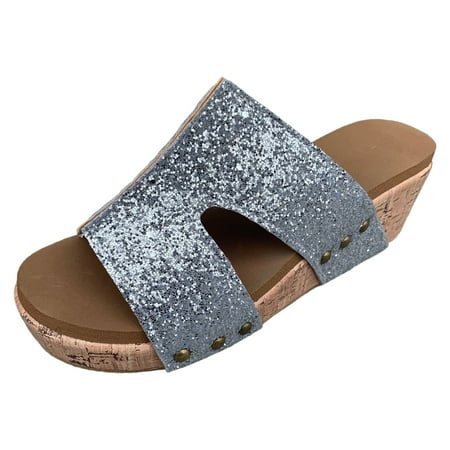 

Daznico Sandals Women Women Summer Solid Slip On Sequin Casual Open Toe Wedges Comfortable Beach Shoes Sandals Slippers Orthopedic Sandals for Women(Color:Silver Size:US 9)