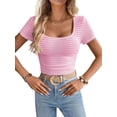 thumbnail image 1 of Top corto LUXVEER para mujer, manga corta, cuello cuadrado, de verano, rosa, 1 of 6