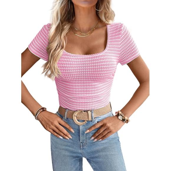 Top corto LUXVEER para mujer, manga corta, cuello cuadrado, de verano, rosa