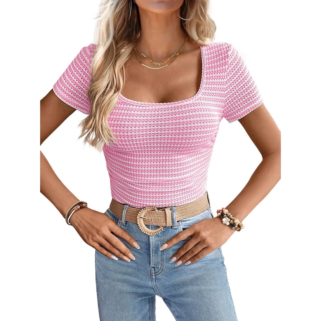Top corto LUXVEER para mujer, manga corta, cuello cuadrado, de verano, rosa