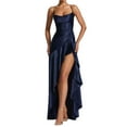 thumbnail image 2 of Women'S V-Neck Sleeveless Satin Ruffle Hem Tight Long Casual Open Back High Slit Cocktail Dress Dark Blue XL, 2 of 9
