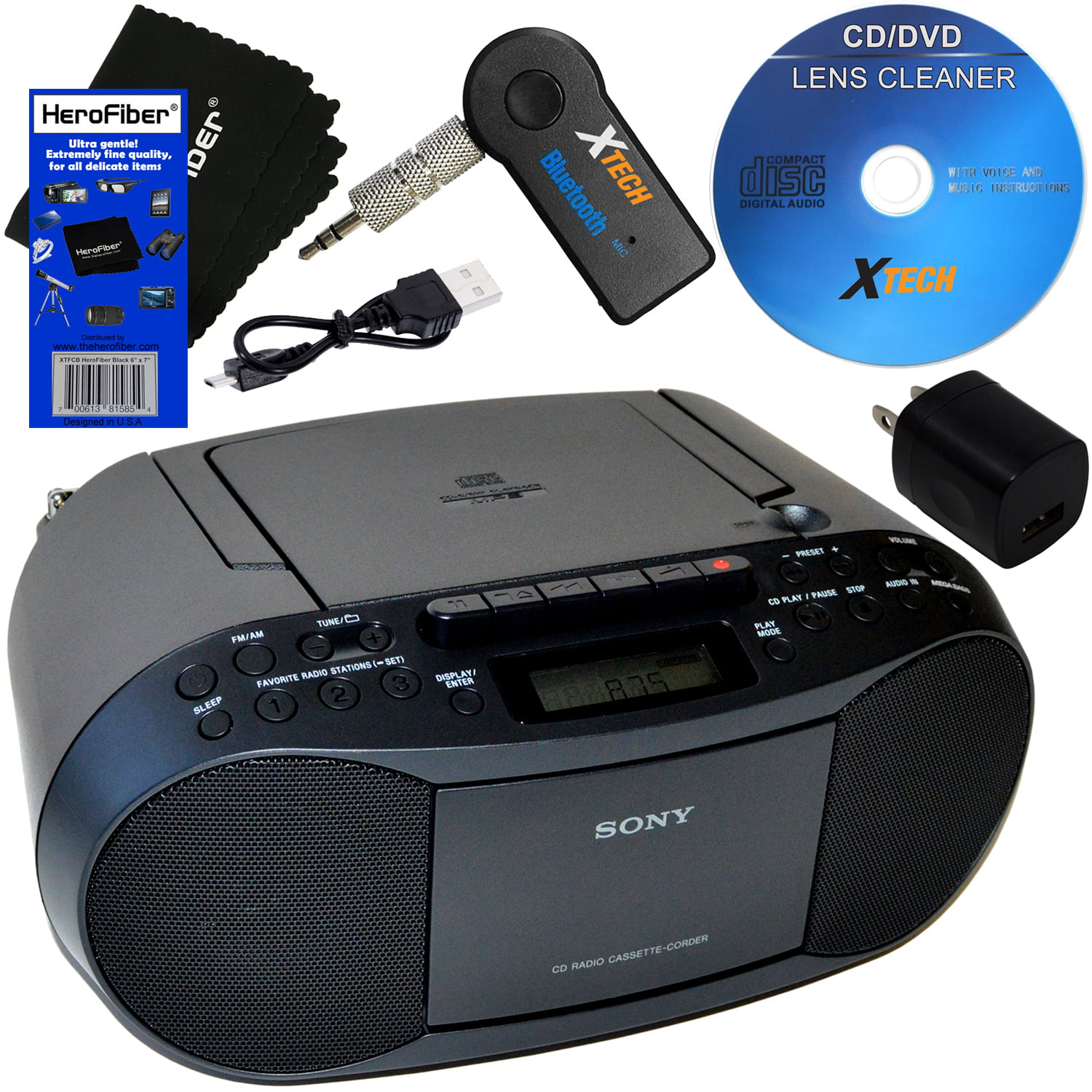 Sony CD Player Portable Boombox with AM/FM Radio &amp; Cassette Tape Player + Wireless Bluetooth Receiver with Charger + Xtexh CD Maintenance Kit &amp; HeroFiber Ultra Gentle Cleaning Cloth