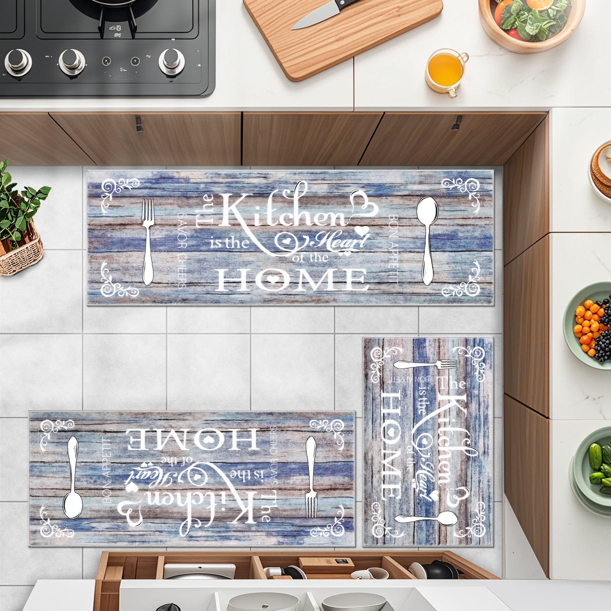 MeyJey Farmhouse Kitchen Rug Set, 3 Piece Non-Slip Kitchen Mat Machine Washable Runner Rug for Home Floor and Living Room, Washed Blue/Brown