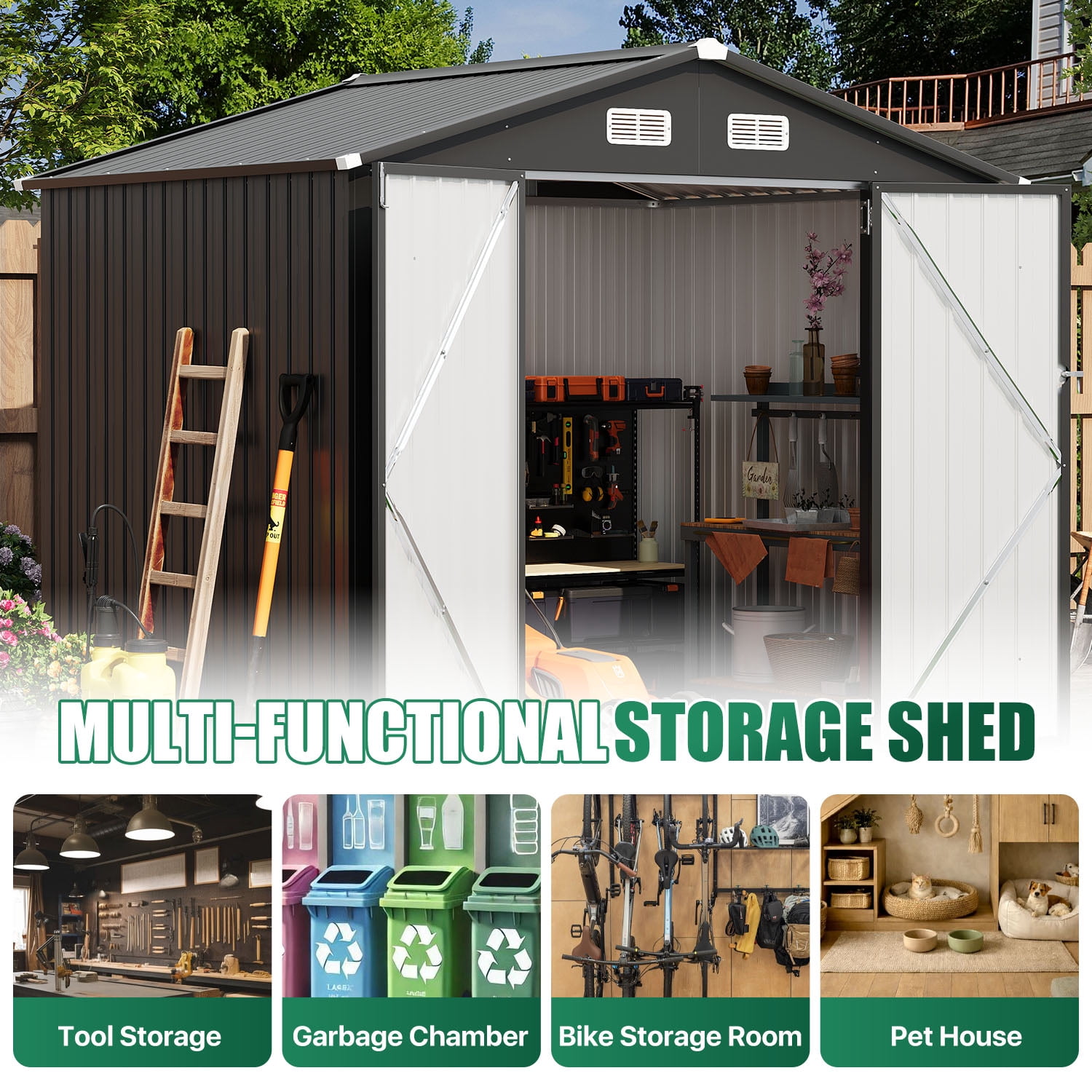 BaPiPro 8x6 FT Outdoor Storage Shed, Metal Shed Lockable Garden Tool Shed with Double Doors for Lawn Mower & Bike, Weather Resistant Patio Backyard Storage, Black