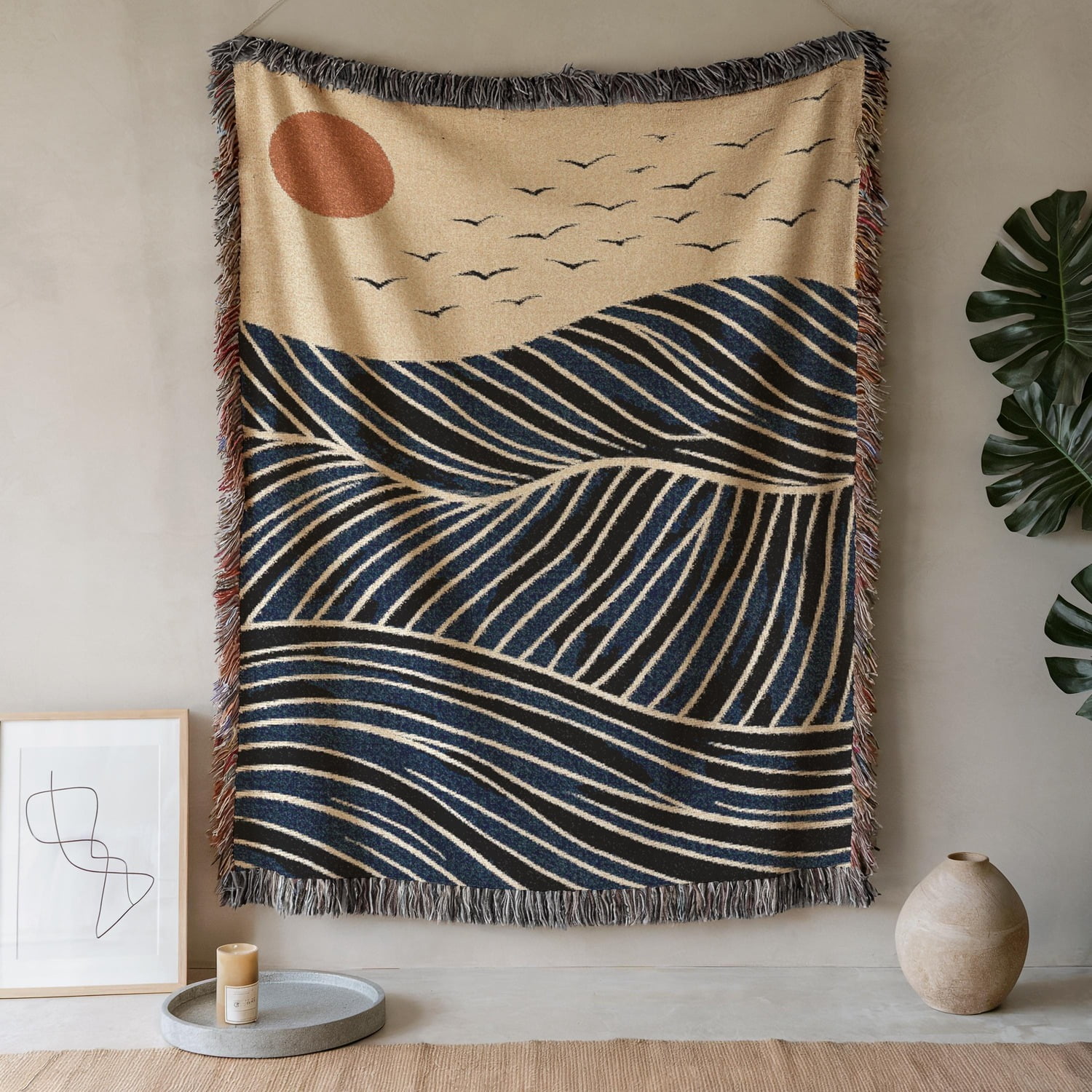 Boho Earthy Mid-Century Art Woven Throw Blanket Cotton with Fringed Edges for Couch Decor