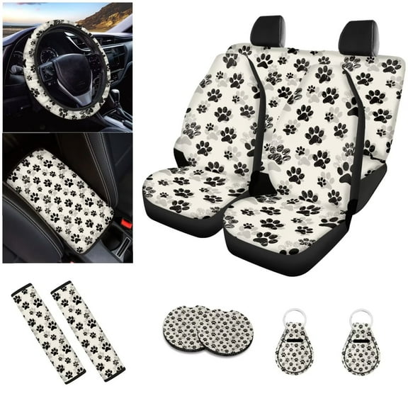 LedBack Paws Printed Car Seat Covers Full Set Breathable Car Front/Rear Seat Cover Soft Car Armrest Pad Cover Seat Belt Pads Car Coasters Keychain, Washable Car Accessories Set, Beige