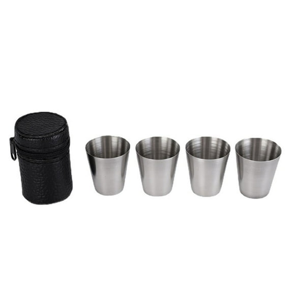 4 Stainless Steel Shot Glasses With Leather Case, 30Ml Portable Outdoor Mini Cups, For Camping Picnics Travel Hiking -