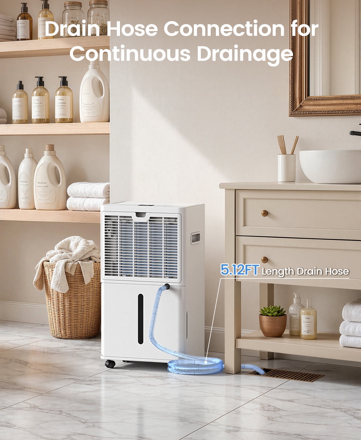 60 pt. 5500 sq. ft. Dehumidifier for Basement with Bucket, Drain Hose, in White, Auto-Off