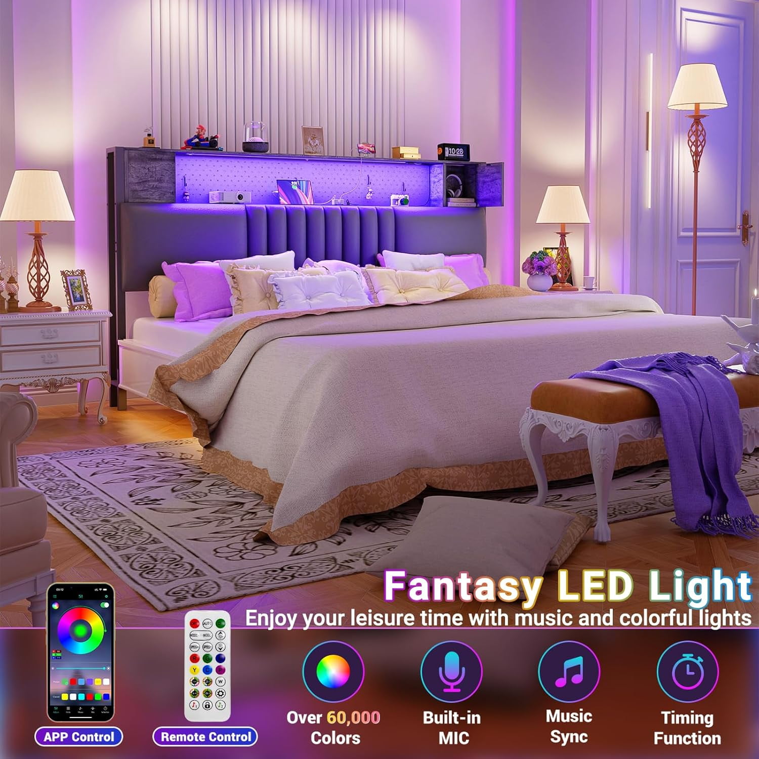 iSunirm Upholstered Headboard for Queen Size Bed Frame with Storage Cabinet & Shelf, Queen Headboard with Outlets and RGB LED Light, for Bedroom/Dorm Room, 40.1"W x 6.3"D x 43.3"H, Black Oak