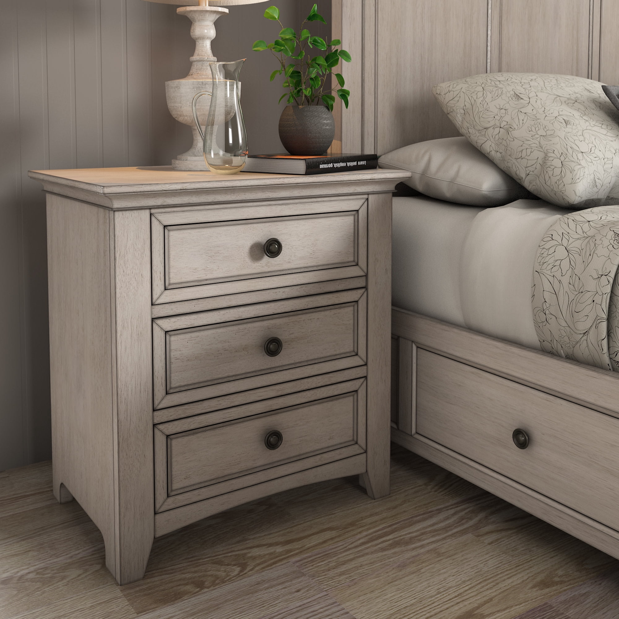Weston Home Crestler Classic Nightstand with 3-Drawers & Charging Station, Antique White