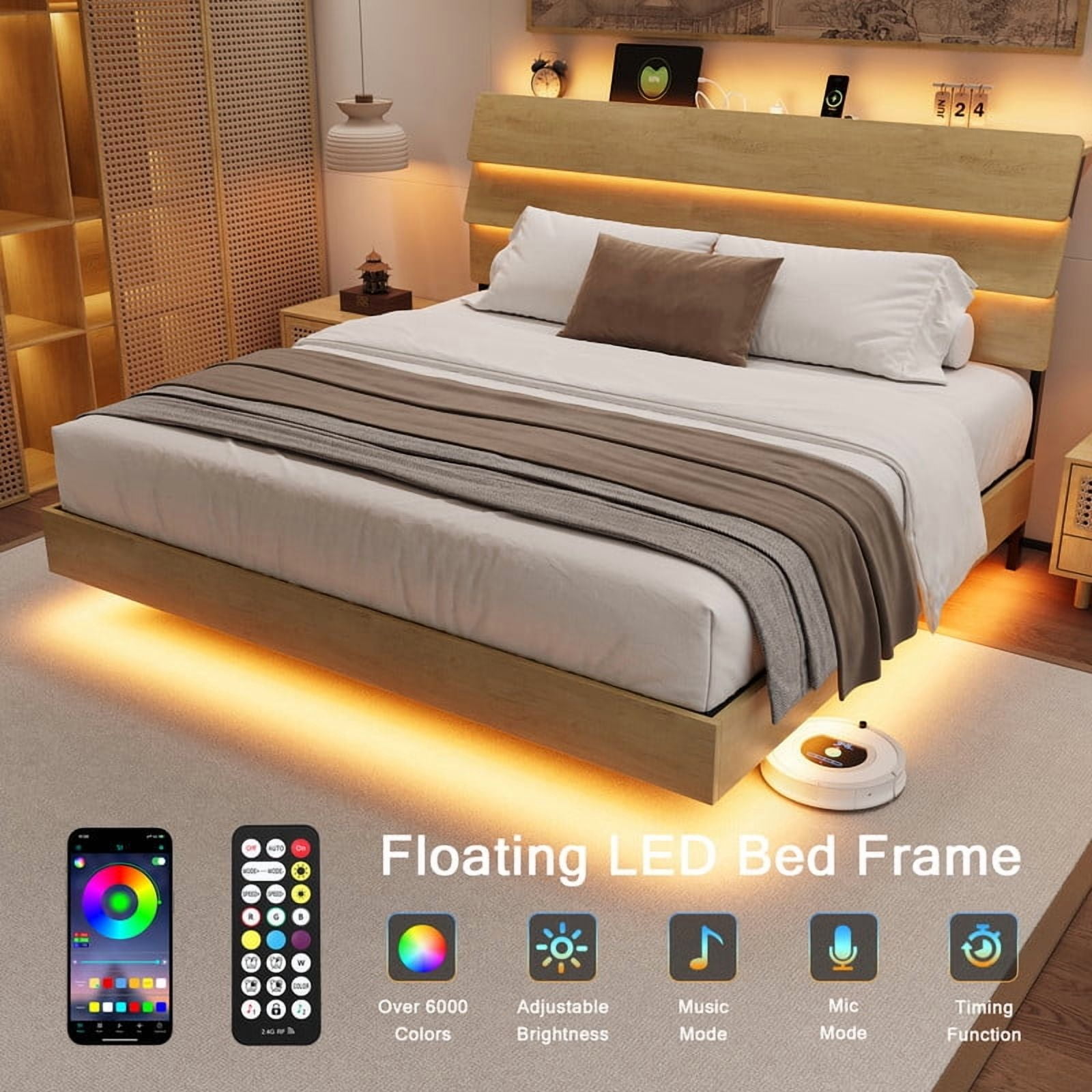 Einhomn Floating Bed Frame King Size with Storage Headboard, LED Lights and Charging Station, No Box Spring Needed